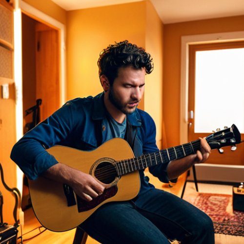 Home 11 **
A musician passionately playing a guitar in a home studio filled with instruments and recording equipment. The scene should convey creativity and dedication, with warm lighting and a focus on the musician's expression. The overall style should be modern and inviting, suggesting a comfortable and inspiring workspace.
**