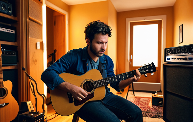 **

A musician passionately playing a guitar in a home studio filled with instruments and recording equipment. The scene should convey creativity and dedication, with warm lighting and a focus on the musician's expression. The overall style should be modern and inviting, suggesting a comfortable and inspiring workspace.

**