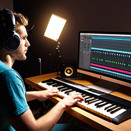 Home 6 ** A focused musician in a home studio, surrounded by equipment (computer, keyboard, microphone). The scene is lit creatively, emphasizing the atmosphere of music creation.
**Prompt:** *Creative home music studio setup. Focus on a musician composing using a computer, keyboard, and microphone. Emphasize lighting and atmosphere. Realistic.*
**