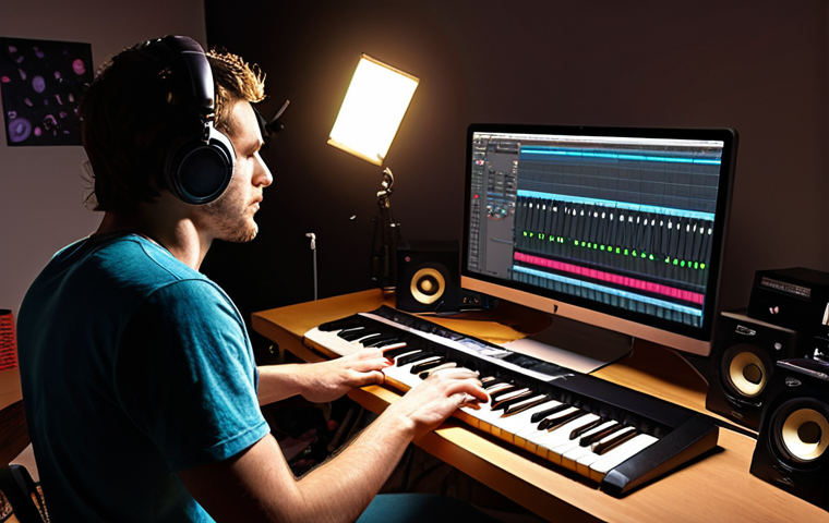 ** A focused musician in a home studio, surrounded by equipment (computer, keyboard, microphone). The scene is lit creatively, emphasizing the atmosphere of music creation.
**Prompt:** *Creative home music studio setup. Focus on a musician composing using a computer, keyboard, and microphone. Emphasize lighting and atmosphere. Realistic.*

**
