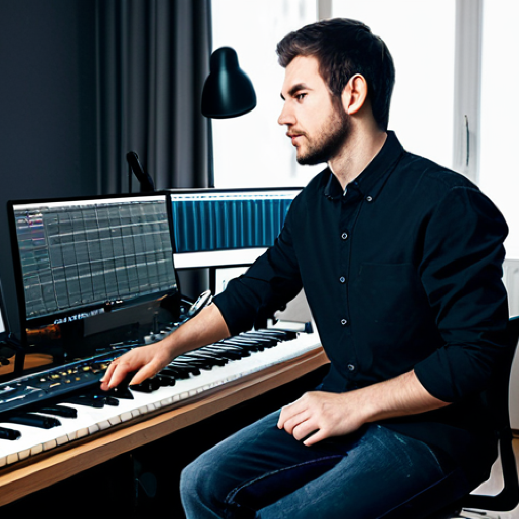 작곡가의 음악 산업 내 경쟁력 강화 - The Modern Composer's Workspace** "A composer in a modern, minimalist studio, surrounded by music e...