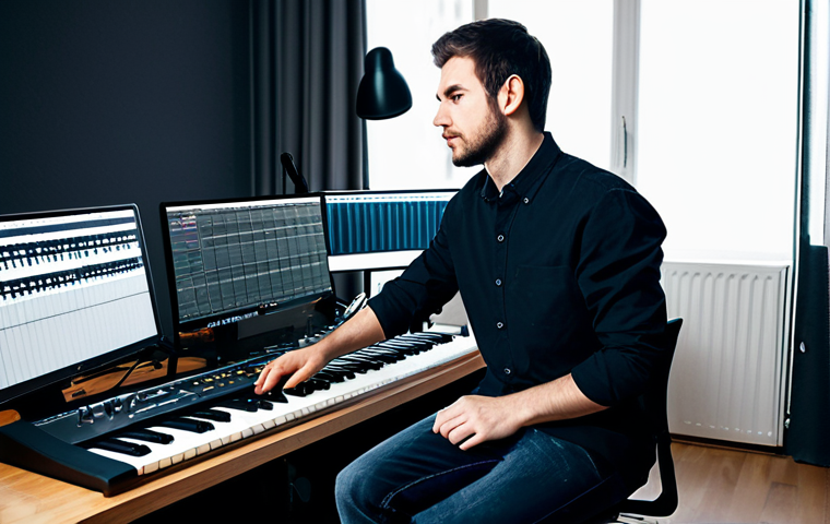 작곡가의 음악 산업 내 경쟁력 강화 - The Modern Composer's Workspace** "A composer in a modern, minimalist studio, surrounded by music e...
