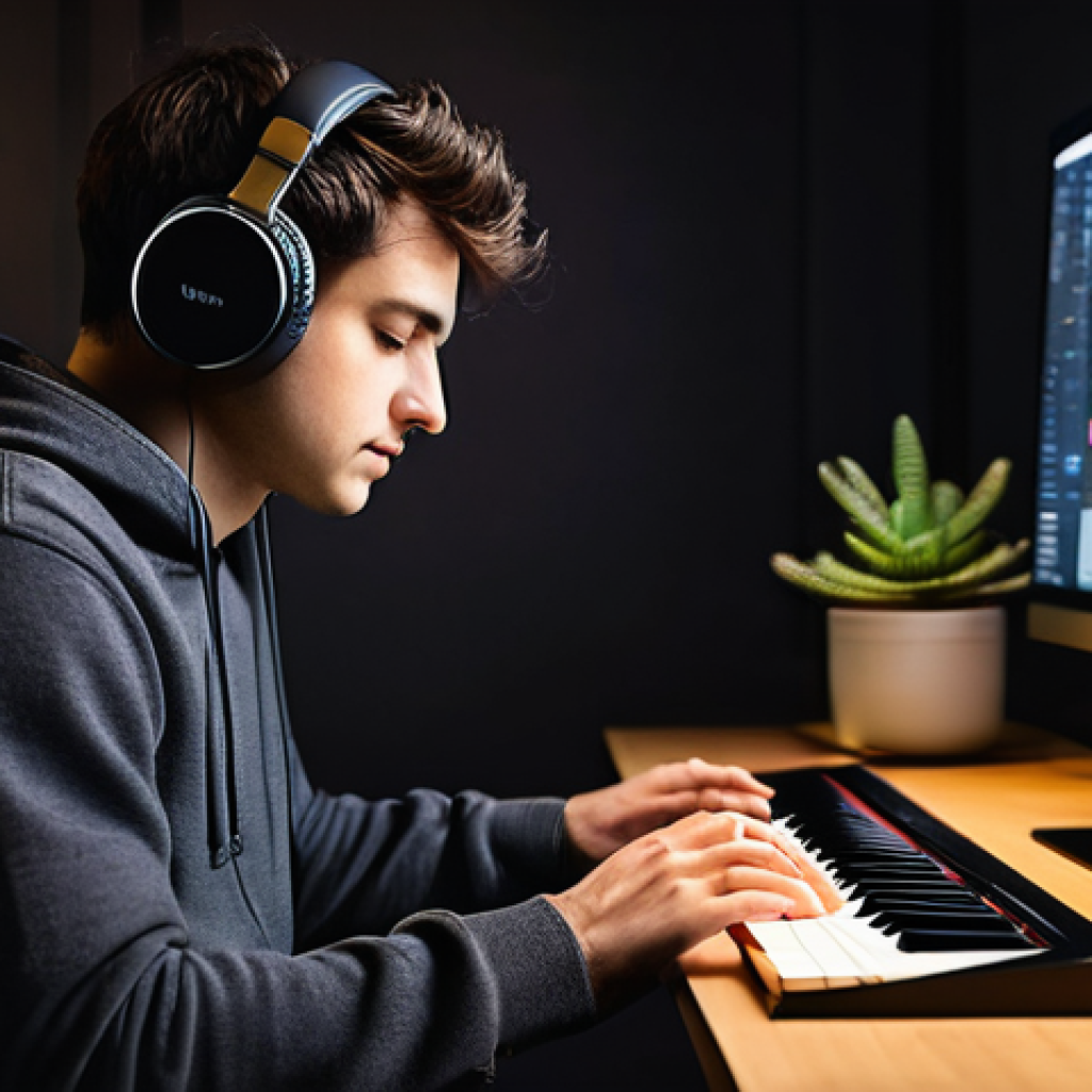 작곡가로서의 창작과정에서의 어려움 - **Prompt:** "A young, male music producer, late 20s, with short, neat hair and dressed in a comforta...
