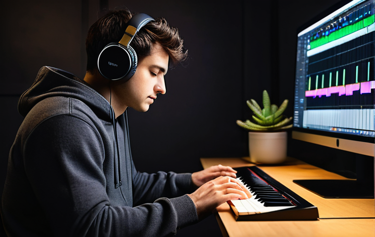 작곡가로서의 창작과정에서의 어려움 - **Prompt:** "A young, male music producer, late 20s, with short, neat hair and dressed in a comforta...