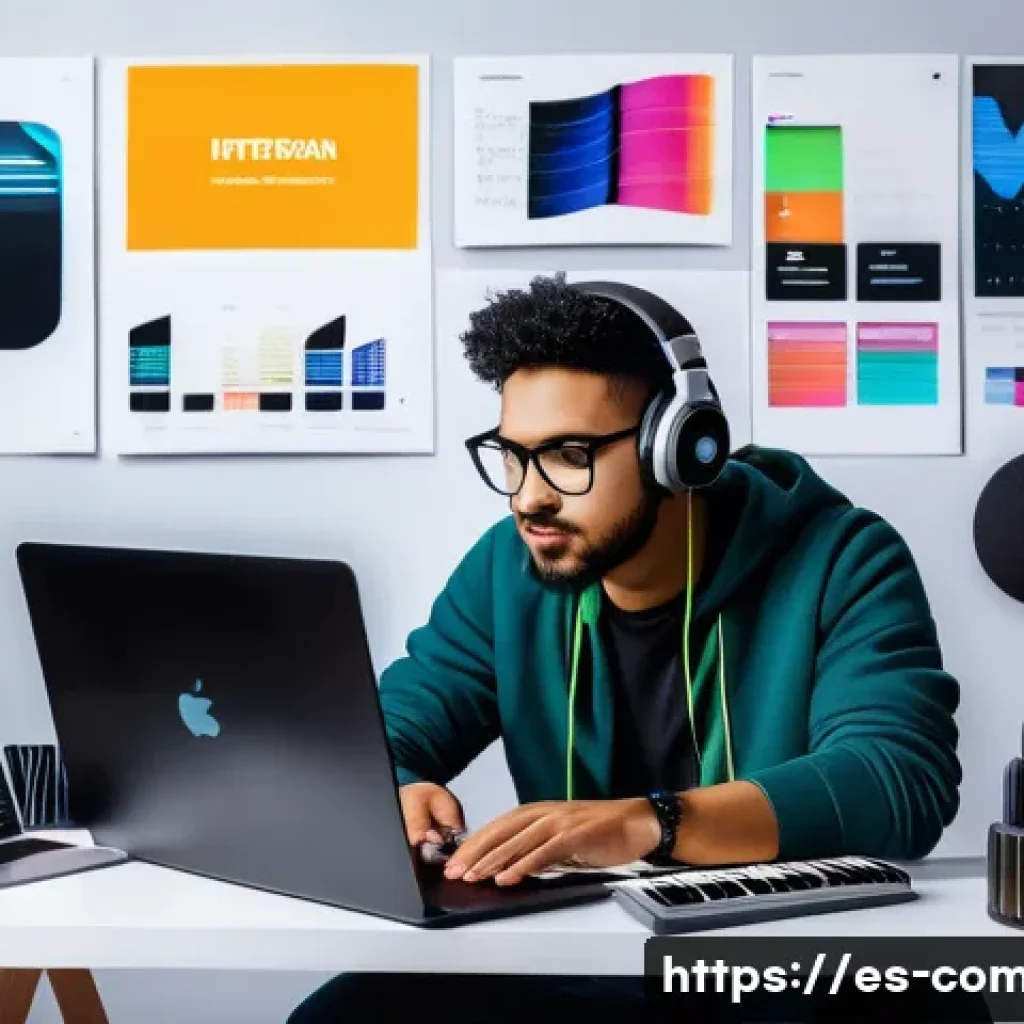작곡가의 음악 시장 변화 - A modern digital music creator’s workspace with a young Latin American composer surrounded by multip...