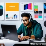 작곡가의 음악 시장 변화 - A modern digital music creator’s workspace with a young Latin American composer surrounded by multip...