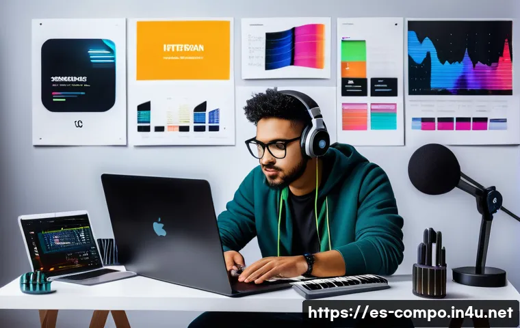 작곡가의 음악 시장 변화 - A modern digital music creator’s workspace with a young Latin American composer surrounded by multip...