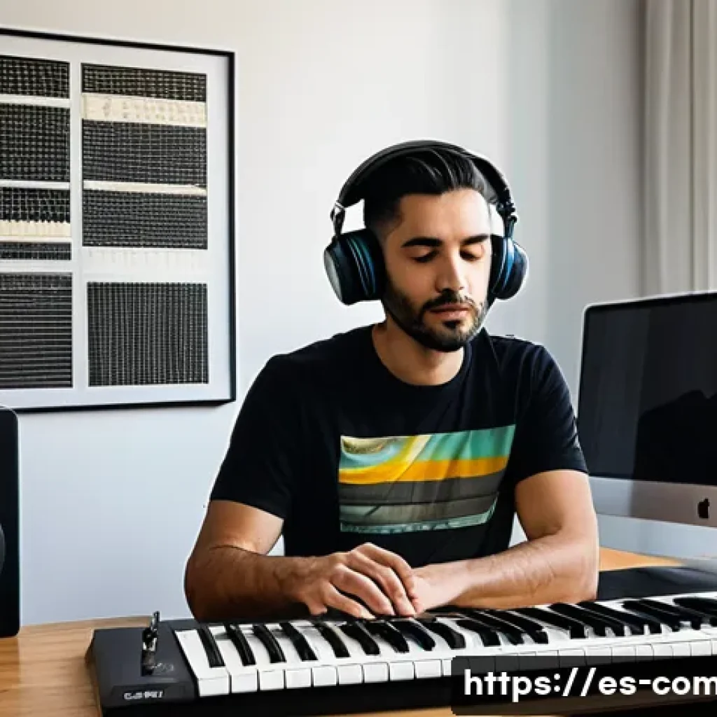 작곡가의 커리어 로드맵 - A modern music composer’s home studio in Barcelona, Spain, featuring a sleek digital workstation wit...