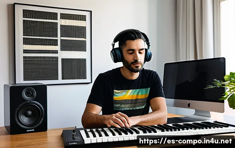 작곡가의 커리어 로드맵 - A modern music composer’s home studio in Barcelona, Spain, featuring a sleek digital workstation wit...
