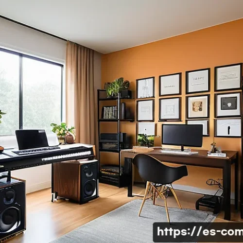 작곡가의 창작 환경 개선 전략 - A cozy, modern music composition studio bathed in soft natural light streaming through a large windo...