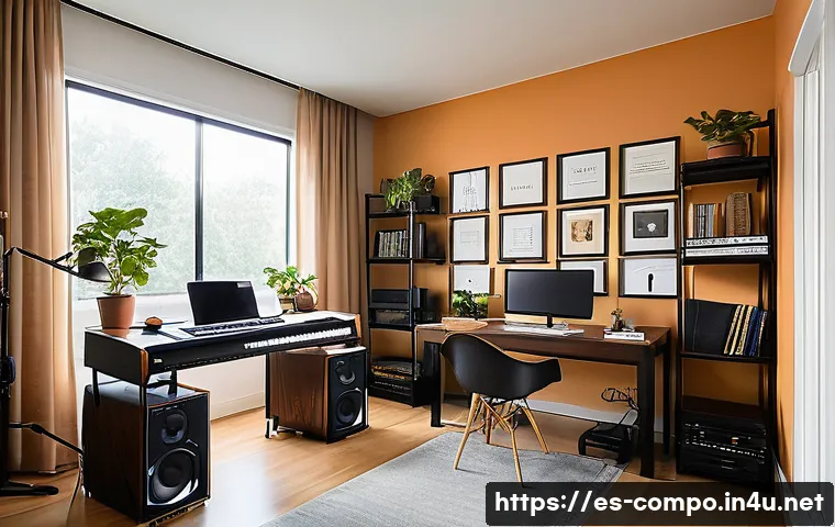 작곡가의 창작 환경 개선 전략 - A cozy, modern music composition studio bathed in soft natural light streaming through a large windo...