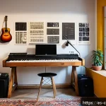 작곡가 실무 경험 공유 - A modern music composer’s digital studio setup in a bright, cozy room in Spain, featuring a high-end...