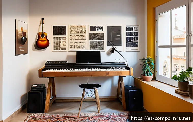 작곡가 실무 경험 공유 - A modern music composer’s digital studio setup in a bright, cozy room in Spain, featuring a high-end...