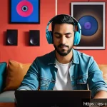 작곡가의 커리어 지속 가능성 - A vibrant digital music studio scene showcasing a diverse Latin American musician in their mid-30s, ...