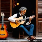 작곡가의 커리어 성장 과정 - A passionate composer in a cozy home studio in a lively Spanish city, surrounded by traditional inst...