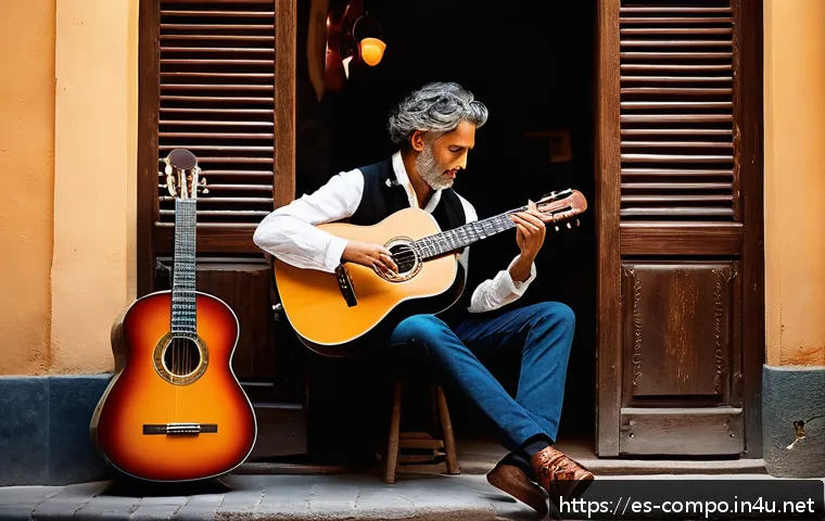 작곡가의 커리어 성장 과정 - A passionate composer in a cozy home studio in a lively Spanish city, surrounded by traditional inst...